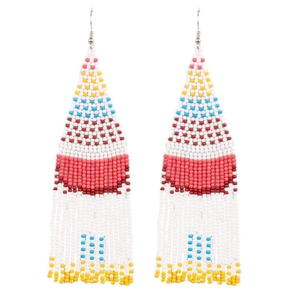 Colorful Bohemian Seed Bead Tassel Dangling Statement French Wire Hook Earrings
